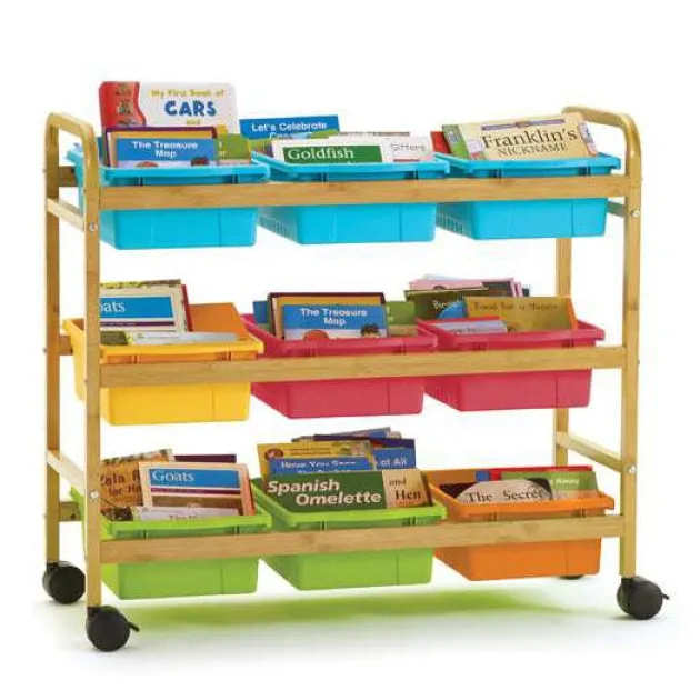 Bamboo Book Browser Cart w/ 9 Open Storage Bins