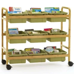 Bamboo Book Browser Cart w/ 9 Open Storage Bins