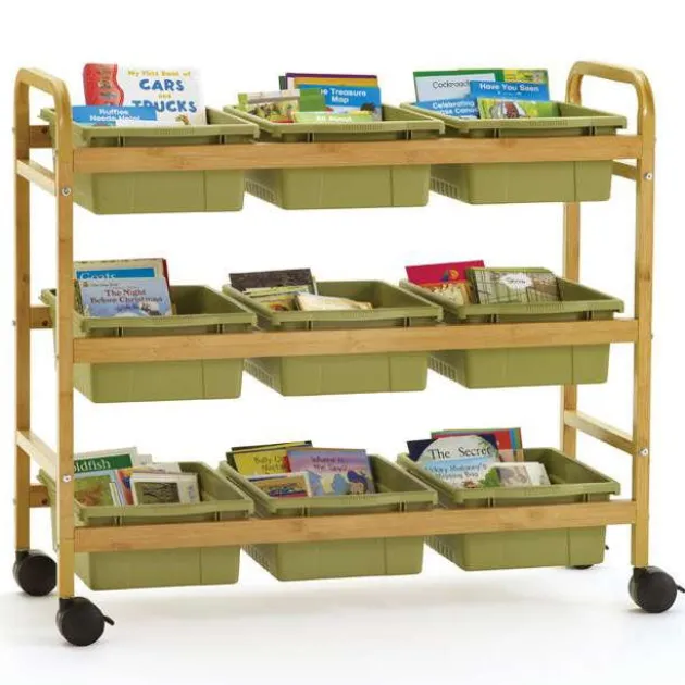 Bamboo Book Browser Cart w/ 9 Open Storage Bins