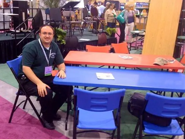 Blue Plastic Folding Table & Chair Set- 30'' x 72'' Rectangle Folding Table with 4 Blue Folding Chairs