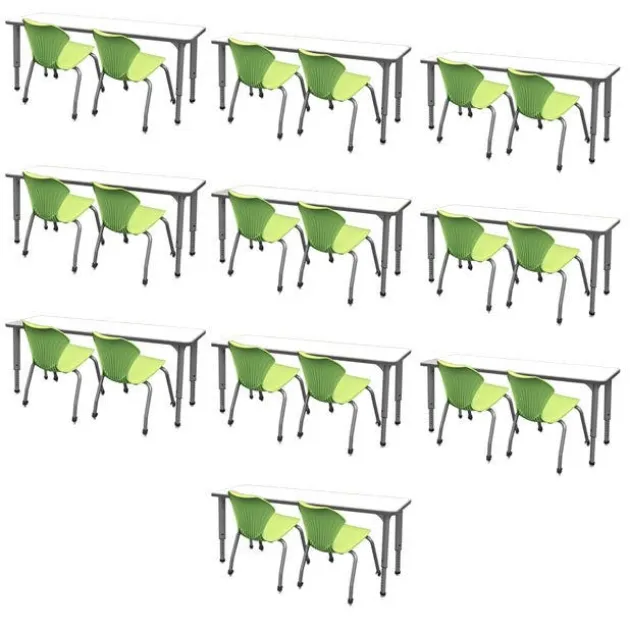 Classroom Set- 20 Apex Stack Chairs (18'' - 5th-Adult) & 10 Double Dry Erase Desks (60'' x 20'')