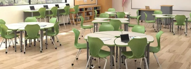 Classroom Set - 24 Student Chevron Dry Erase Apex Desks & 24 Apex Stack Chairs (18'' H -5th-Adult)
