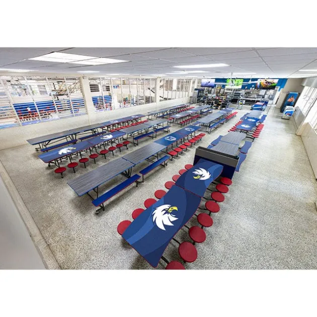 Customizable Ocean Wave Top Mobile Stool Cafeteria Table - 16 Stools (12' L)