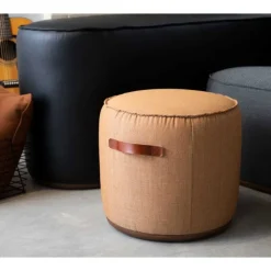 Indie Large Round Pouf w/ Leather Handles - 16-1/2" H