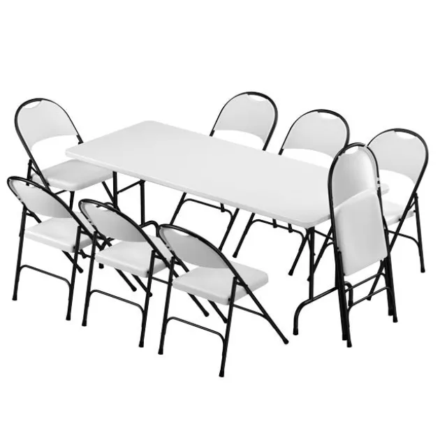 Plastic Resin Folding Table & 8 Chairs Package in Gray Granite (30''x72" Rectangle)