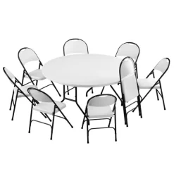 Plastic Resin Folding Table & 8 Chairs Package in Gray Granite (60'' Round)