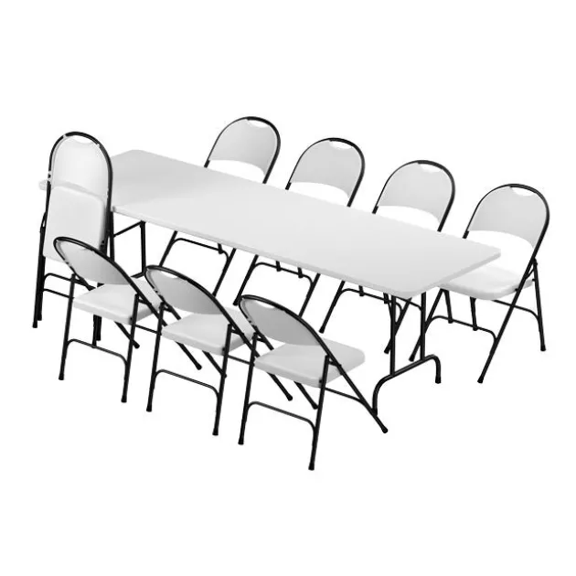 Plastic Resin Folding Table & 8 Chairs Package in Gray Granite (30''x96" Rectangle)
