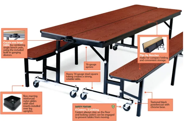 Quick Ship Mobile Convertible Bench Table w/ ProtectEdge (8' L)