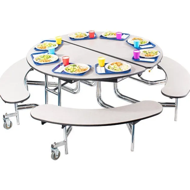 Quick Ship 60'' Round Mobile Bench Cafeteria Table w/ MDF Top, ProtectEdge & Chrome Frame