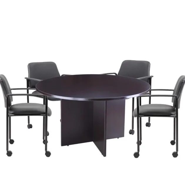 Round Conference Table Set w/ 4 Guest Chairs with Casters