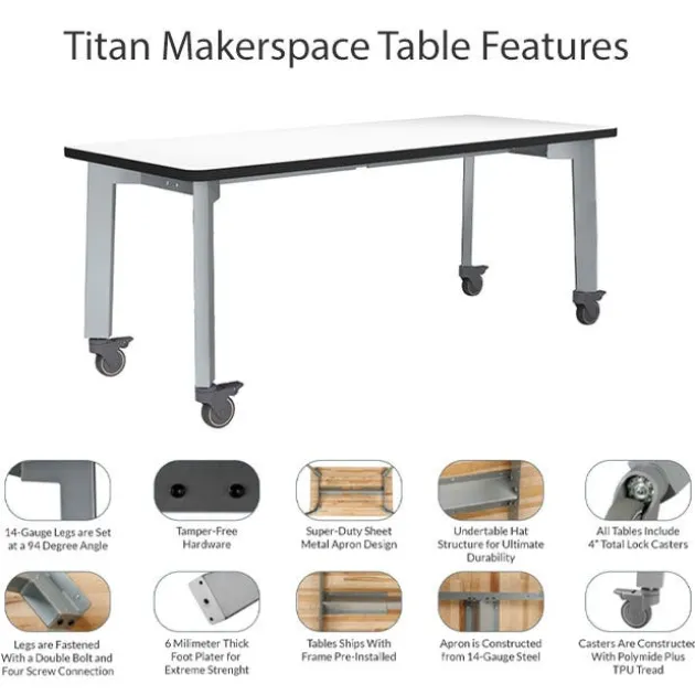 Titan Makerspace Whiteboard Table (30" x 72") with Four Titan Stools (18" H) Package